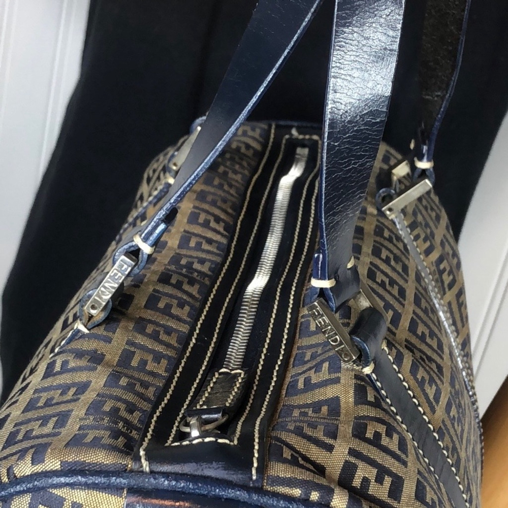 FENDI Zucca Navy Blue Leather Grey Canvas Boston Carry-On Bag Speedy 30 EUC - Picture 8 of 17